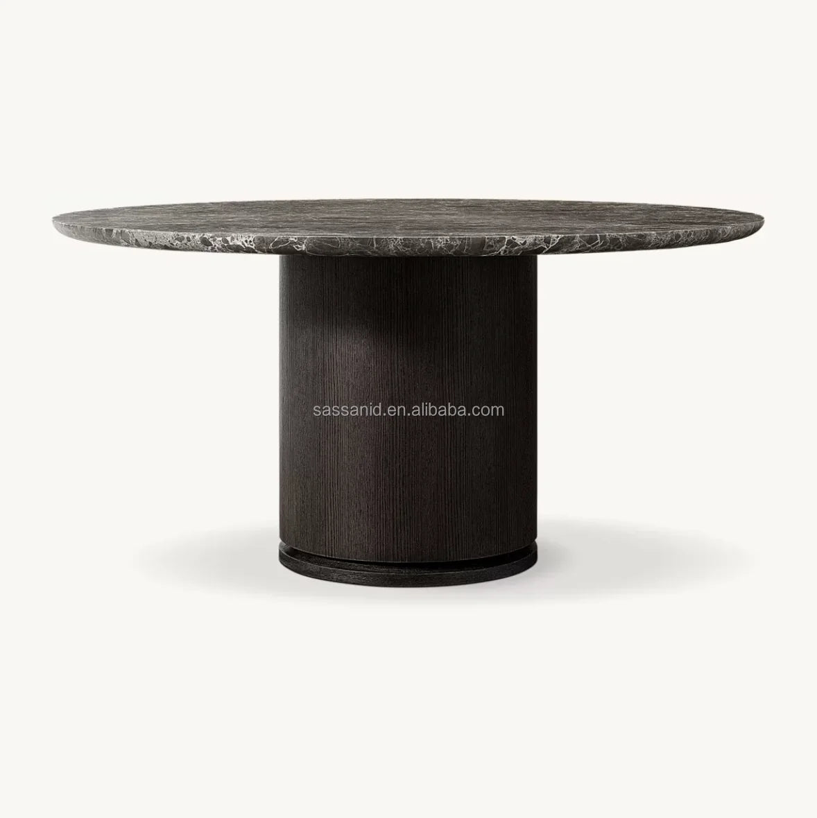 Round Dining Table, Emperador Marble and Brushed Oak – Mid-Century Statement Piece