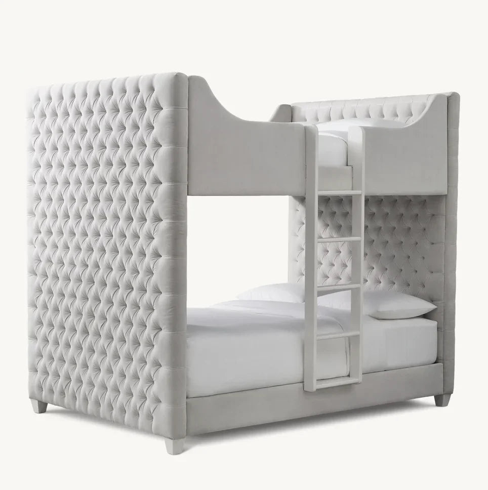 Upholstered Bunk Bed – Tufted Art Moderne Design – White Fabric Statement Piece