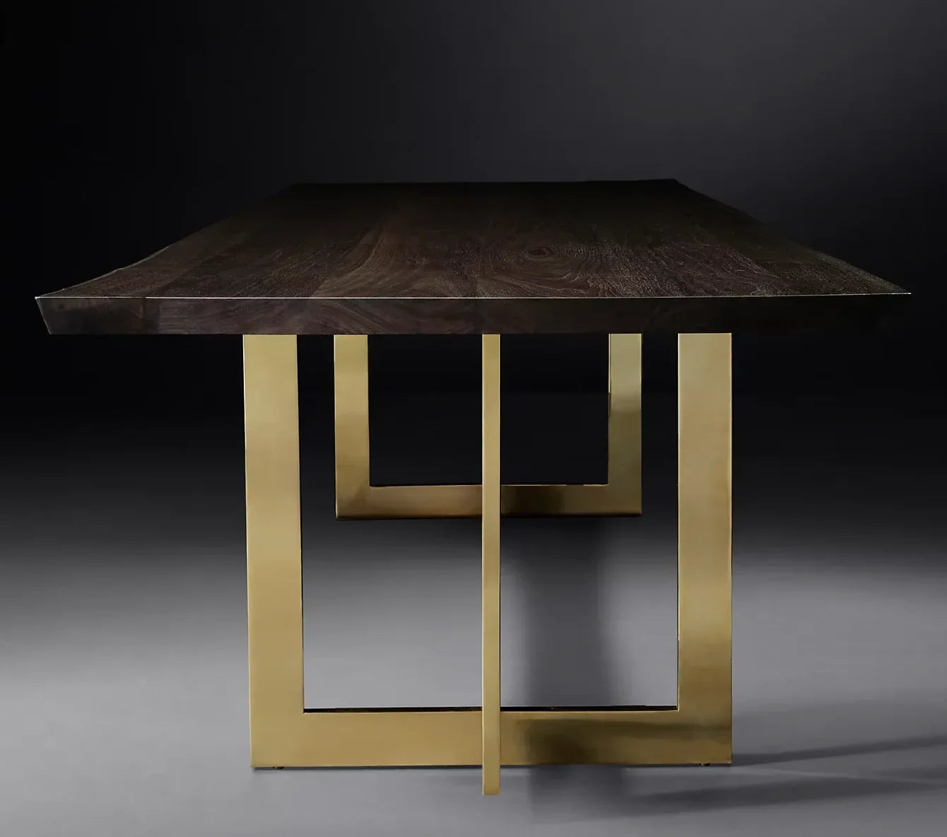 Linear Live Edge Dining Table – Solid Wood & Polished Brass Statement Piece