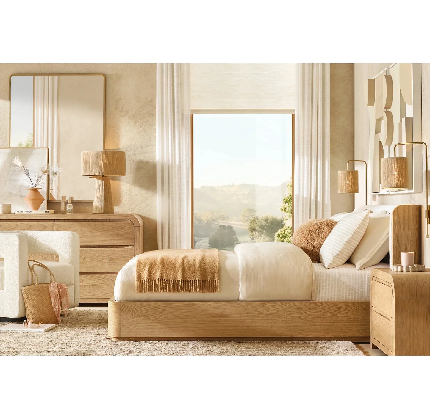 Olin Upholstered Platform Bed – Modern Wing Design with Oak Plinth