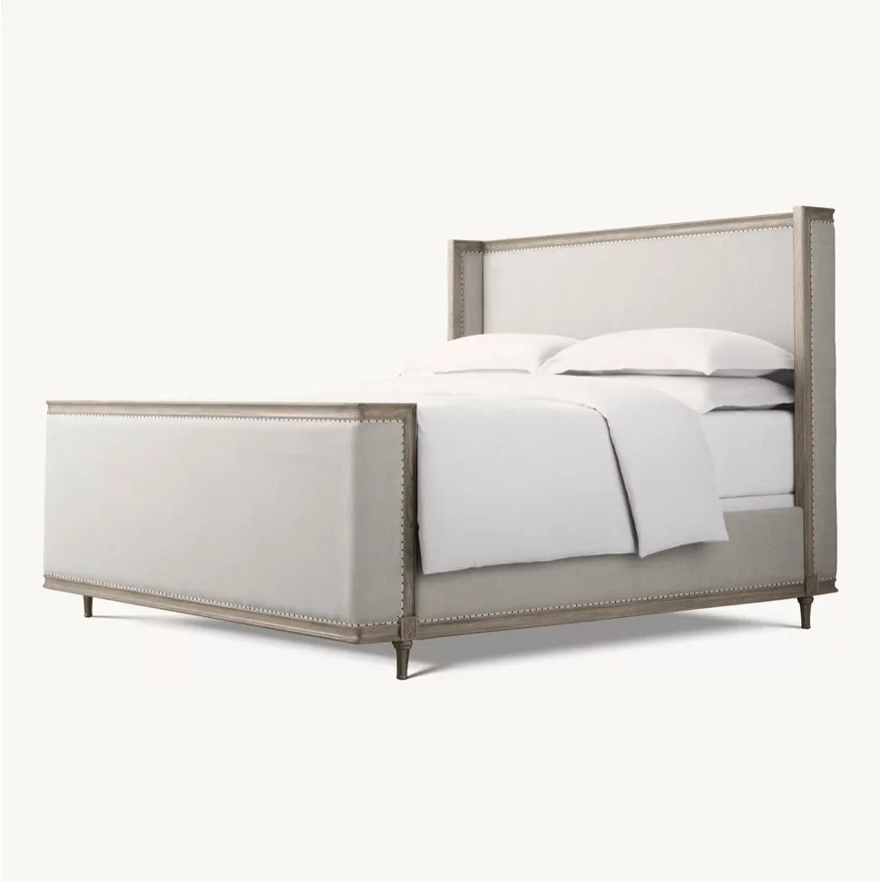 French Antique Shelter Bed – Tufted Upholstered Frame in Antiqued Oak – European Designer Statement Piece