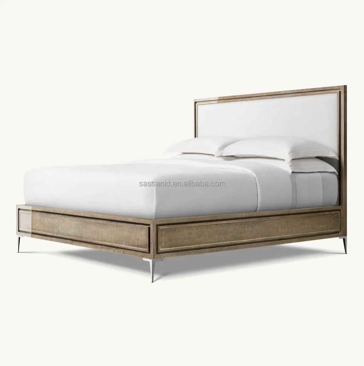 Benoit Upholstered Panel Bed – Lacquered Wood and Polished Stainless Steel