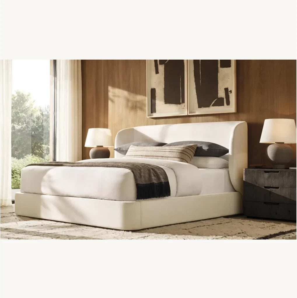 Upholstered Shelter Bed – Sculptural Platform Design in Brushed Oak – Contemporary Bedroom Piece