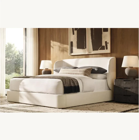 Upholstered Shelter Bed – Sculptural Platform Design in Brushed Oak – Contemporary Bedroom Piece