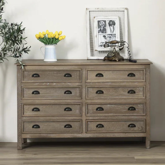 Eight-Drawer Chest – Vintage French-American Solid Birch Wood Statement Storage Piece