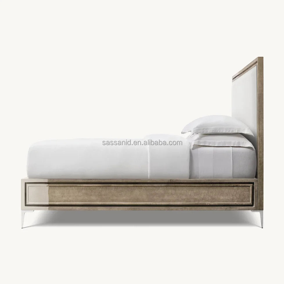 Lacquered Bisque Polished Stainless Steel Benoit Fabric Panel Bed – Italian Designer Statement Piece