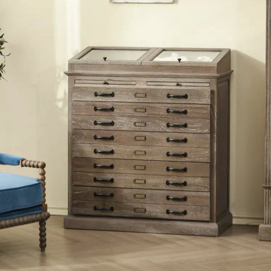 Jewelry Cabinet & Dressing Table – 9-Drawer Solid Birch Wood, Vintage American