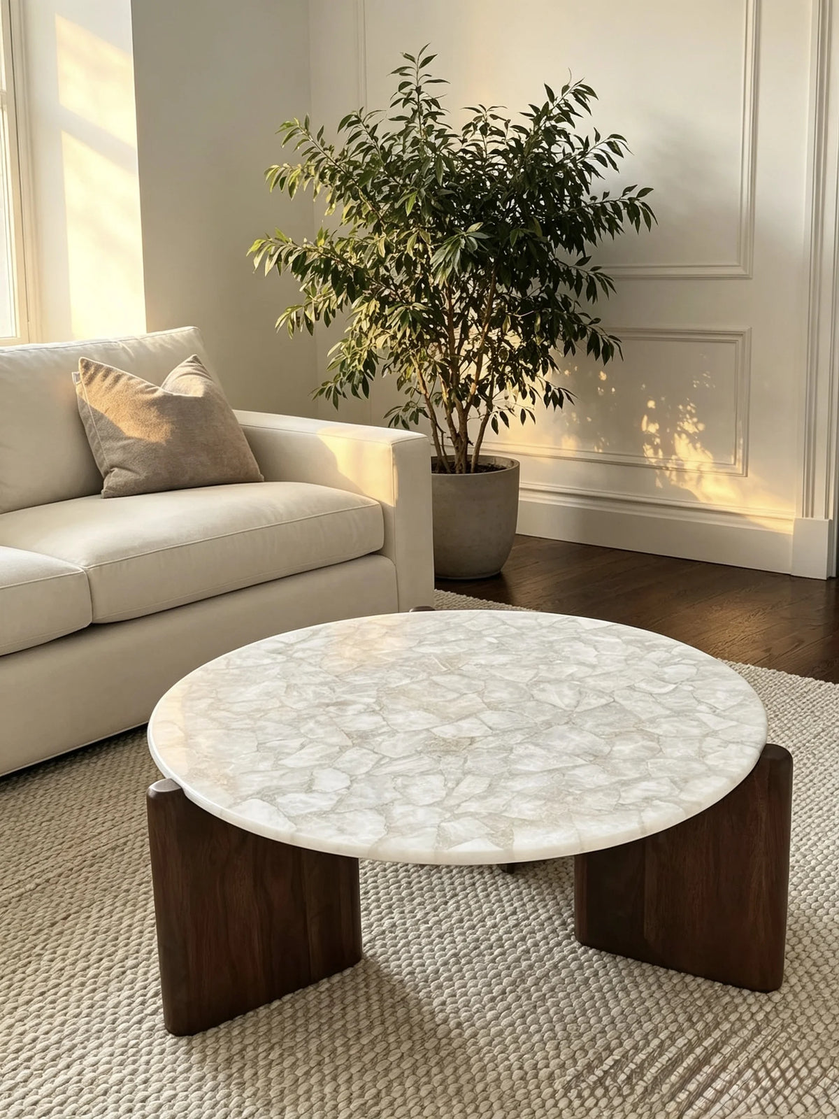 Luxury Round Ice Jade Marble Coffee Table Solid Wood Base Modern Italian Style