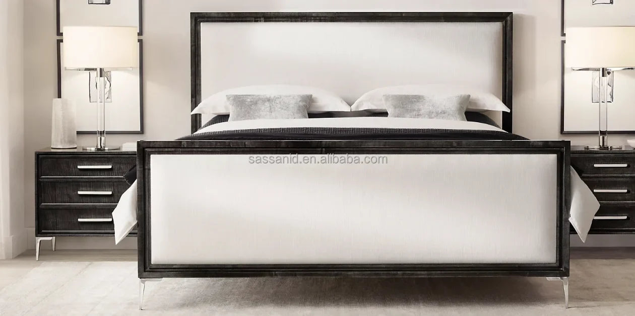 Benoit Fabric Panel Bed – Sculptural Platform Design in Lacquered Finish & Polished Stainless Steel – Contemporary Statement Piece