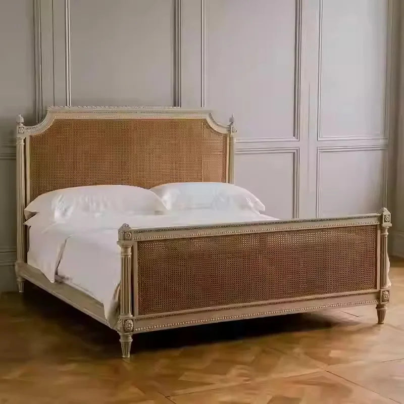 French Rattan Solid Wood Bed – American Vintage Double Bedroom | Q-02053