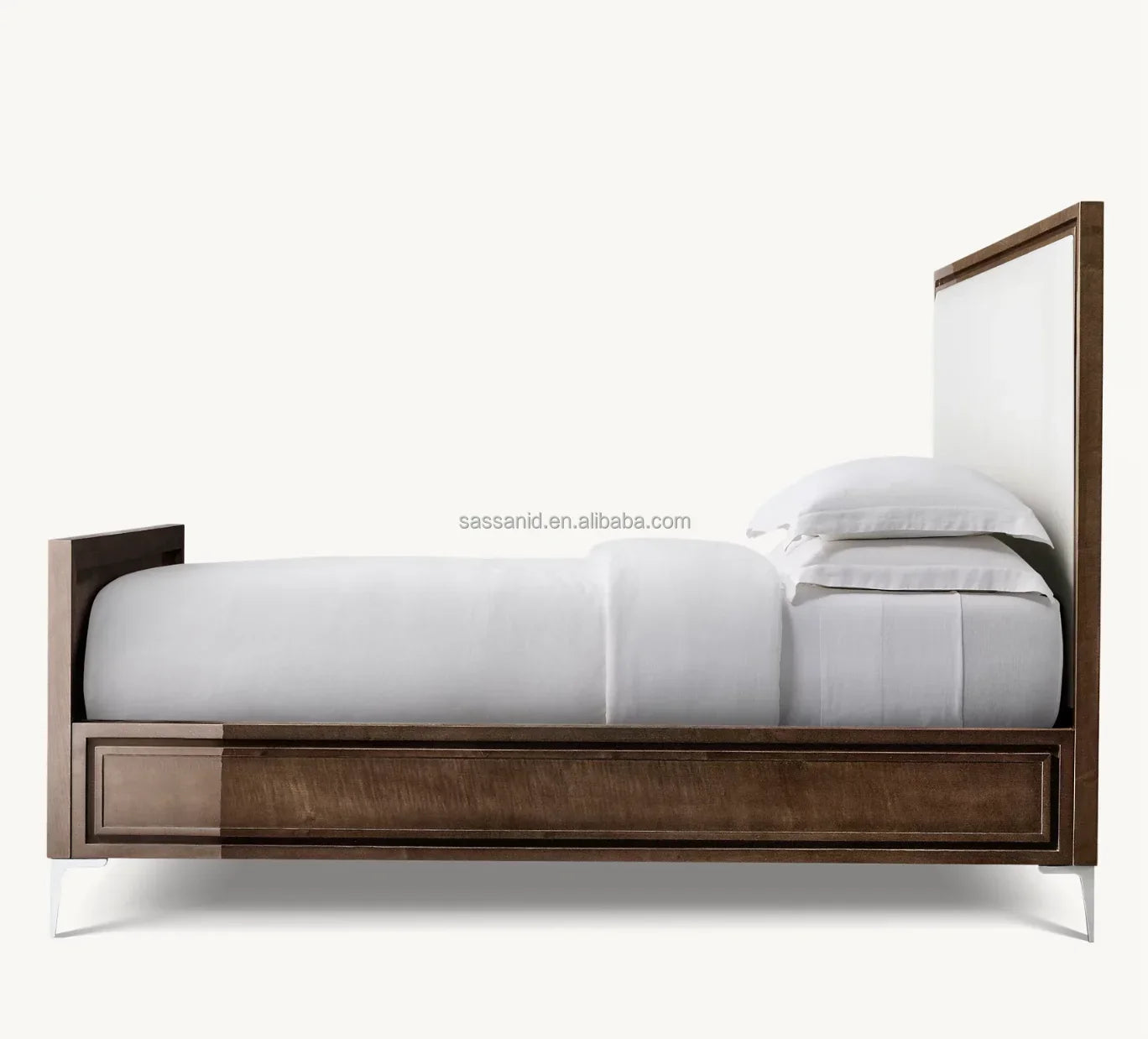 Benoit Fabric Panel Bed – Sculptural Platform Design in Lacquered Finish & Polished Stainless Steel – Contemporary Statement Piece