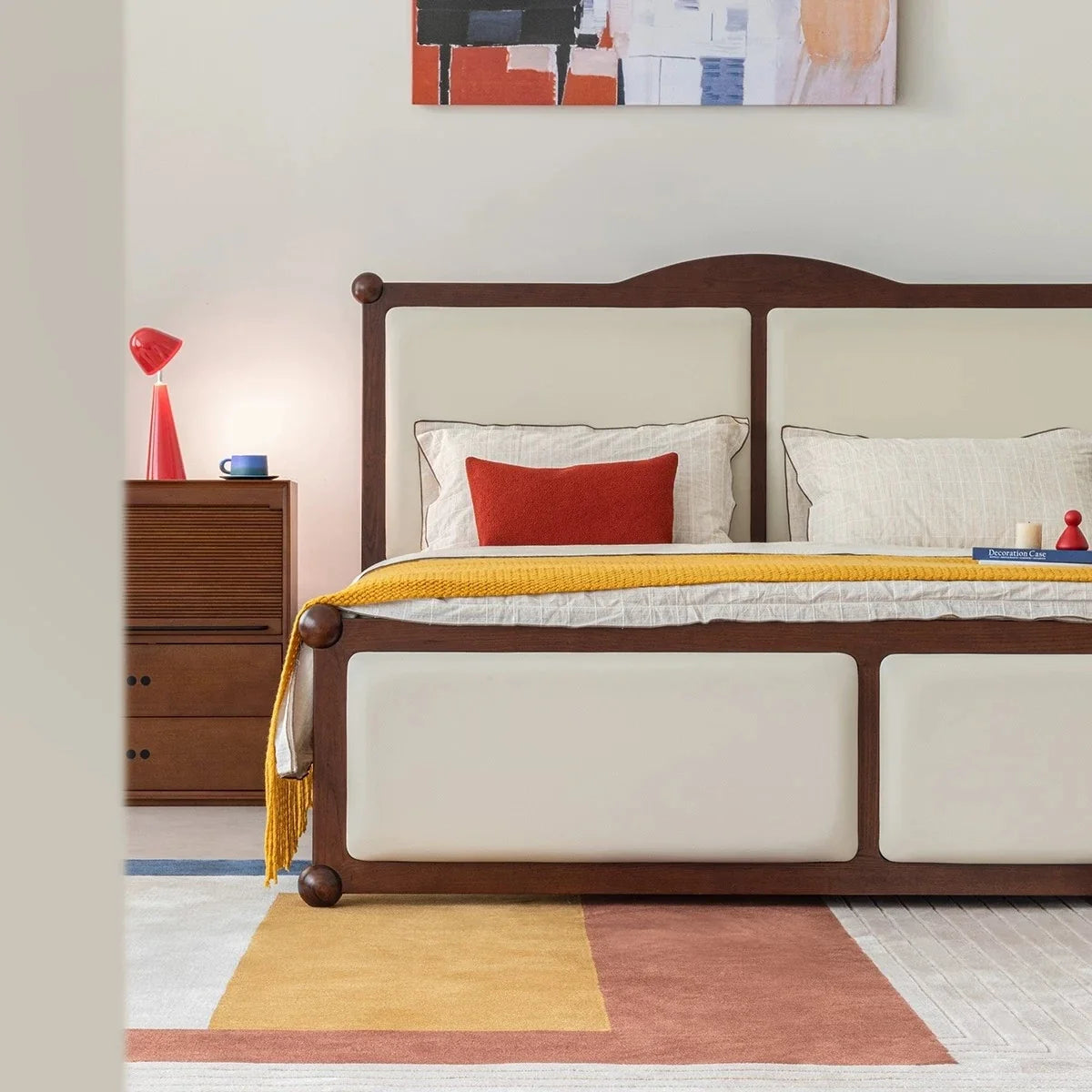 Mid-century Solid Wood Leather Bed – High Headboard Upholstered Platform Piece | 26-228