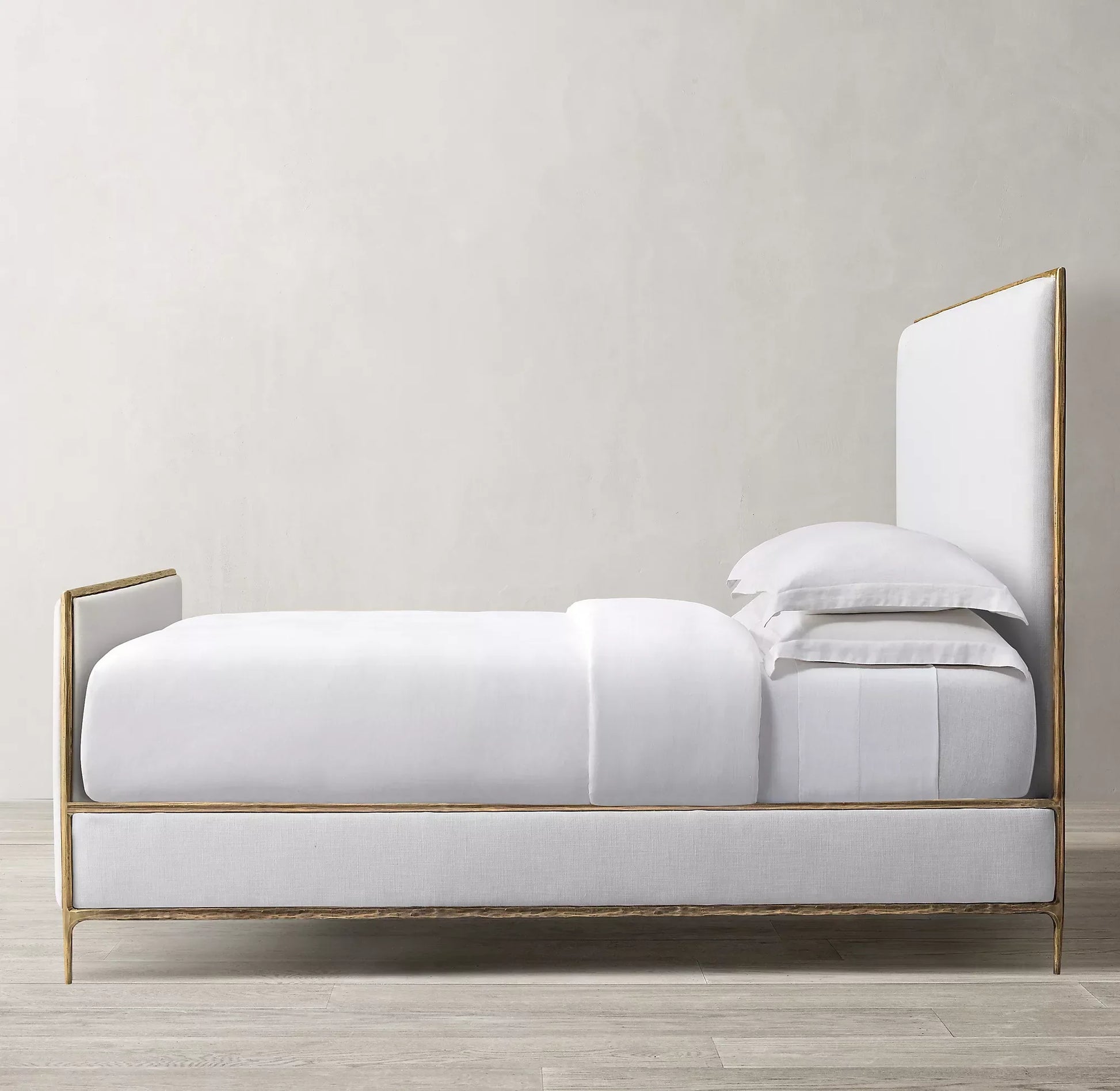 Upholstered Bed with Hand-Forged Metal Base – Rustic Fabric European Statement Piece