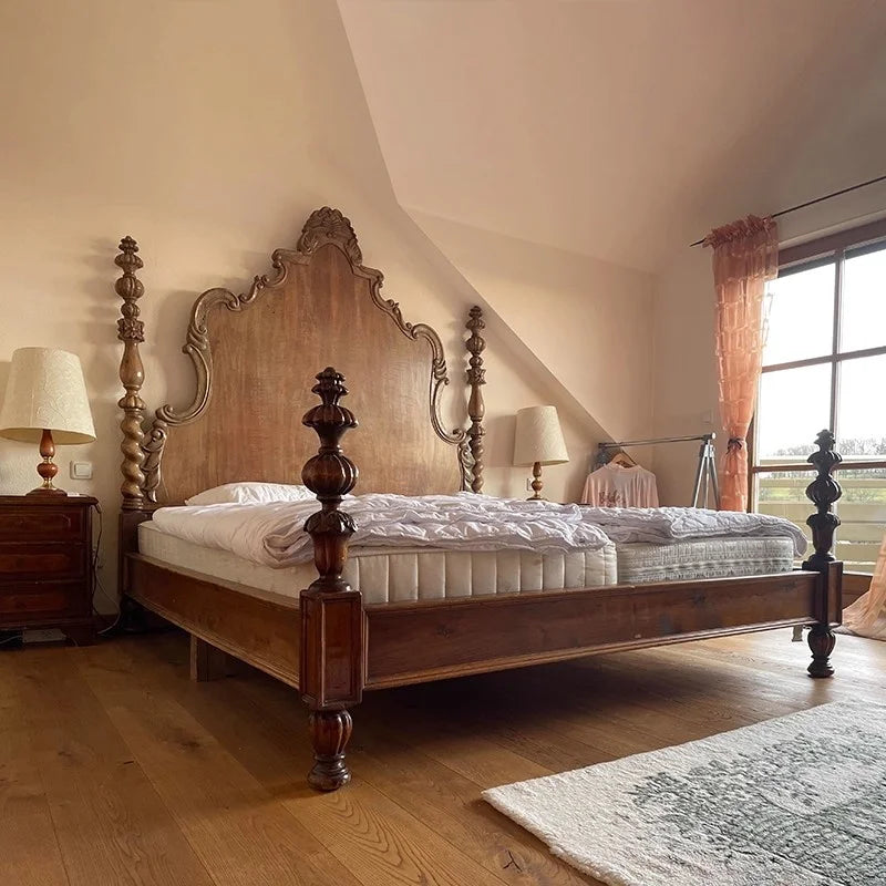 French Country Carved Solid Wood Bed – Renaissance Pillar Design | Q-020530