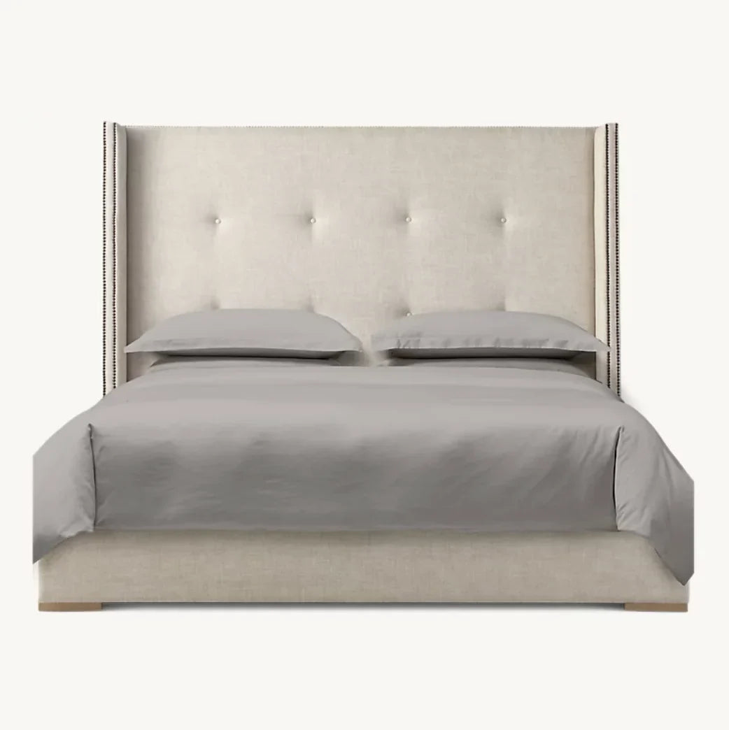 Contemporary Wingback Shelter Bed – Upholstered Platform Frame in Oak Finish