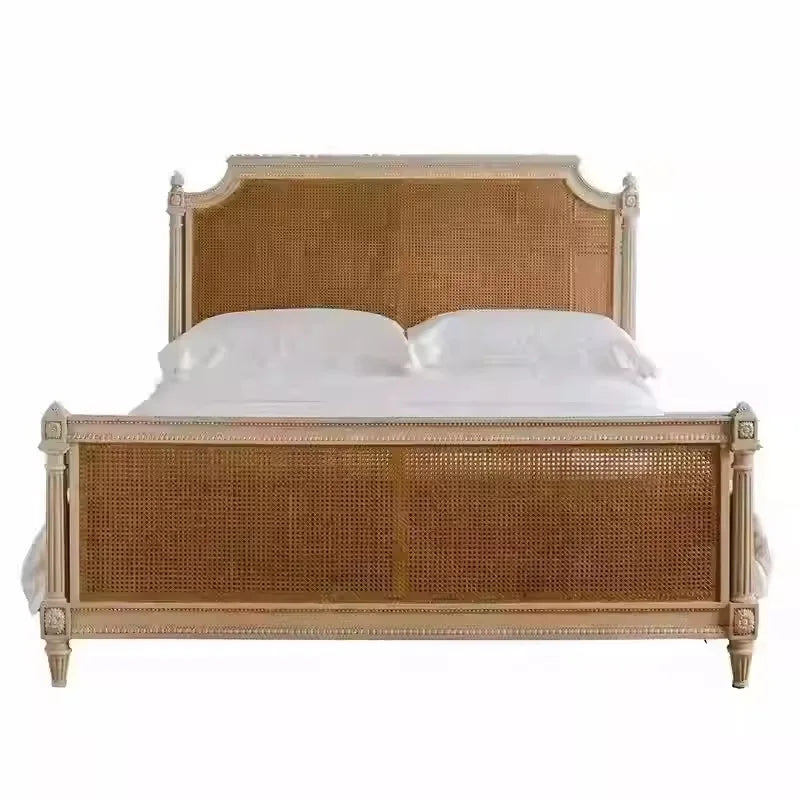 French Rattan Solid Wood Bed – American Vintage Double Bedroom | Q-02053