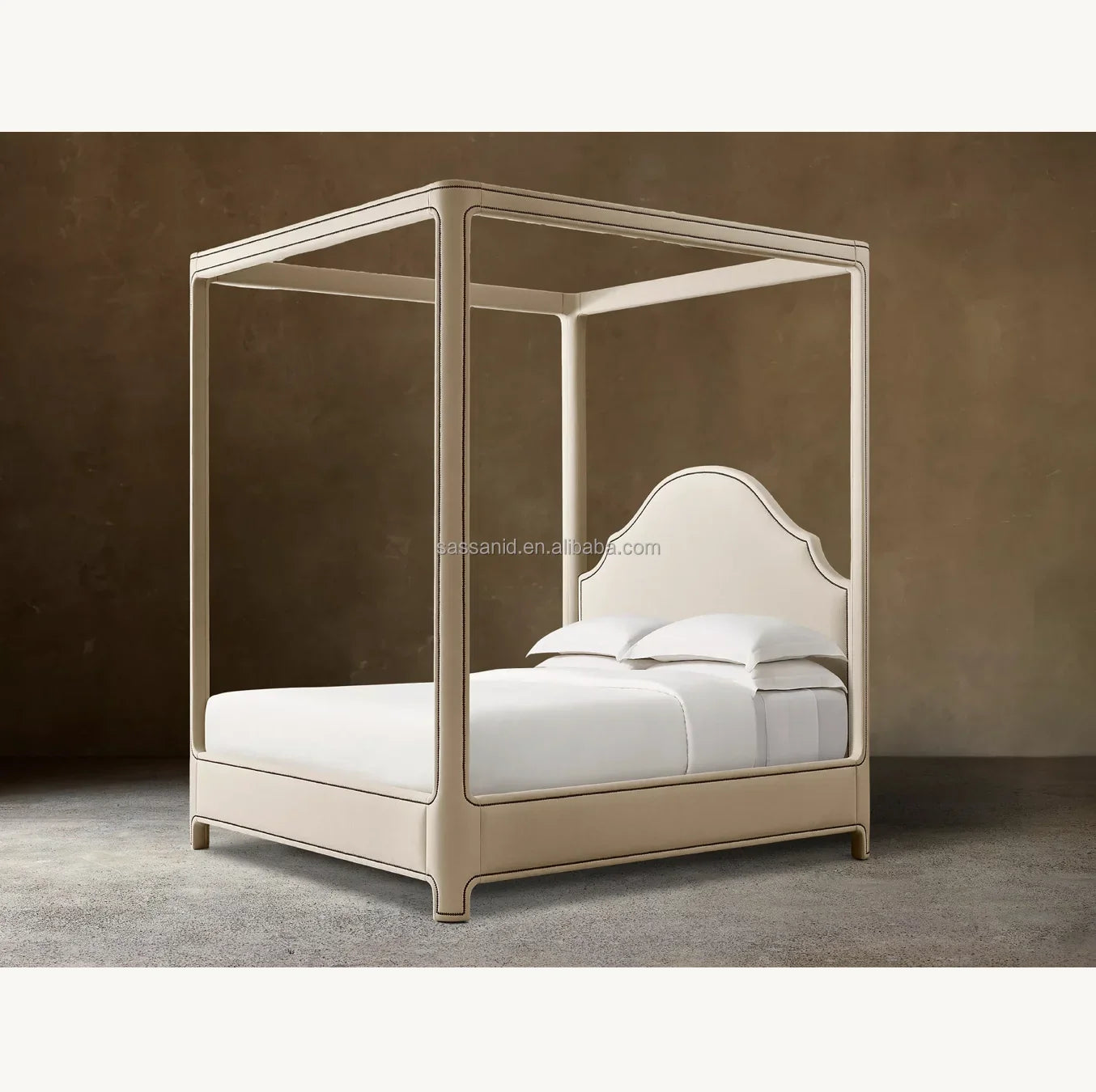 Alexandria Portman Upholstered Canopy Bed – Fabric Frame with Nailhead Detail – Contemporary Bedroom Statement Piece