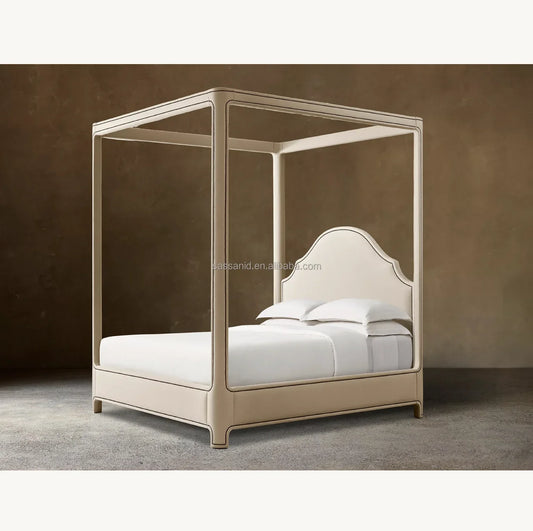 Alexandria Portman Upholstered Canopy Bed – Fabric Frame with Nailhead Detail – Contemporary Bedroom Statement Piece