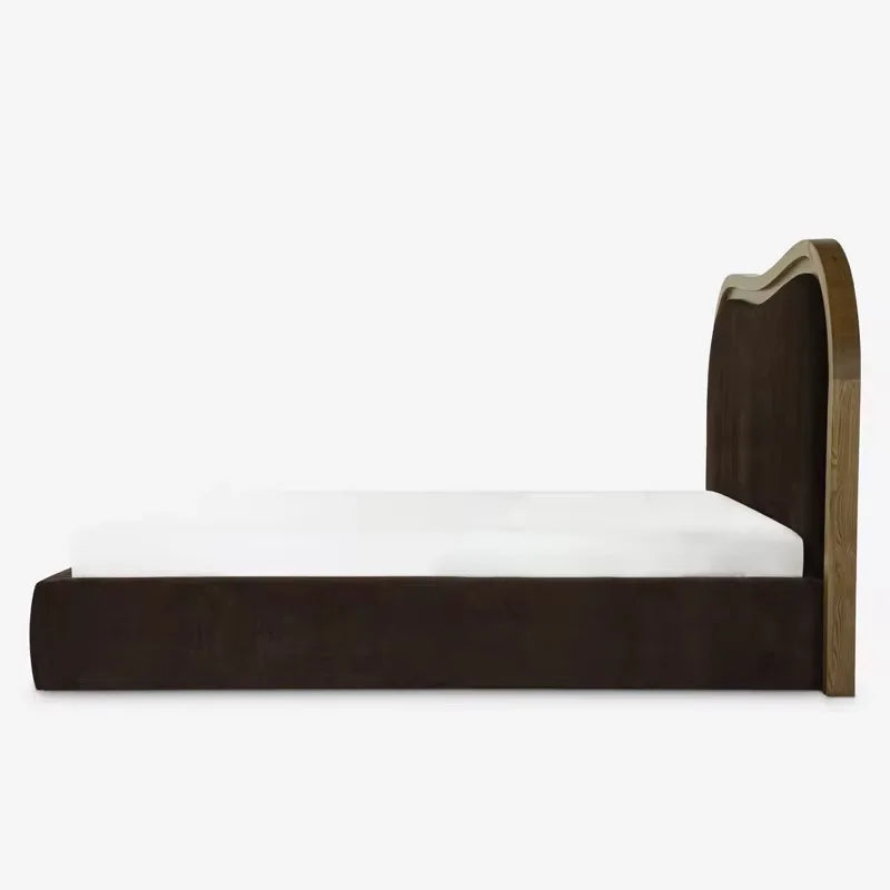 Platform Bed – Velvet Padded Headboard in Solid Birch – Modern French Style