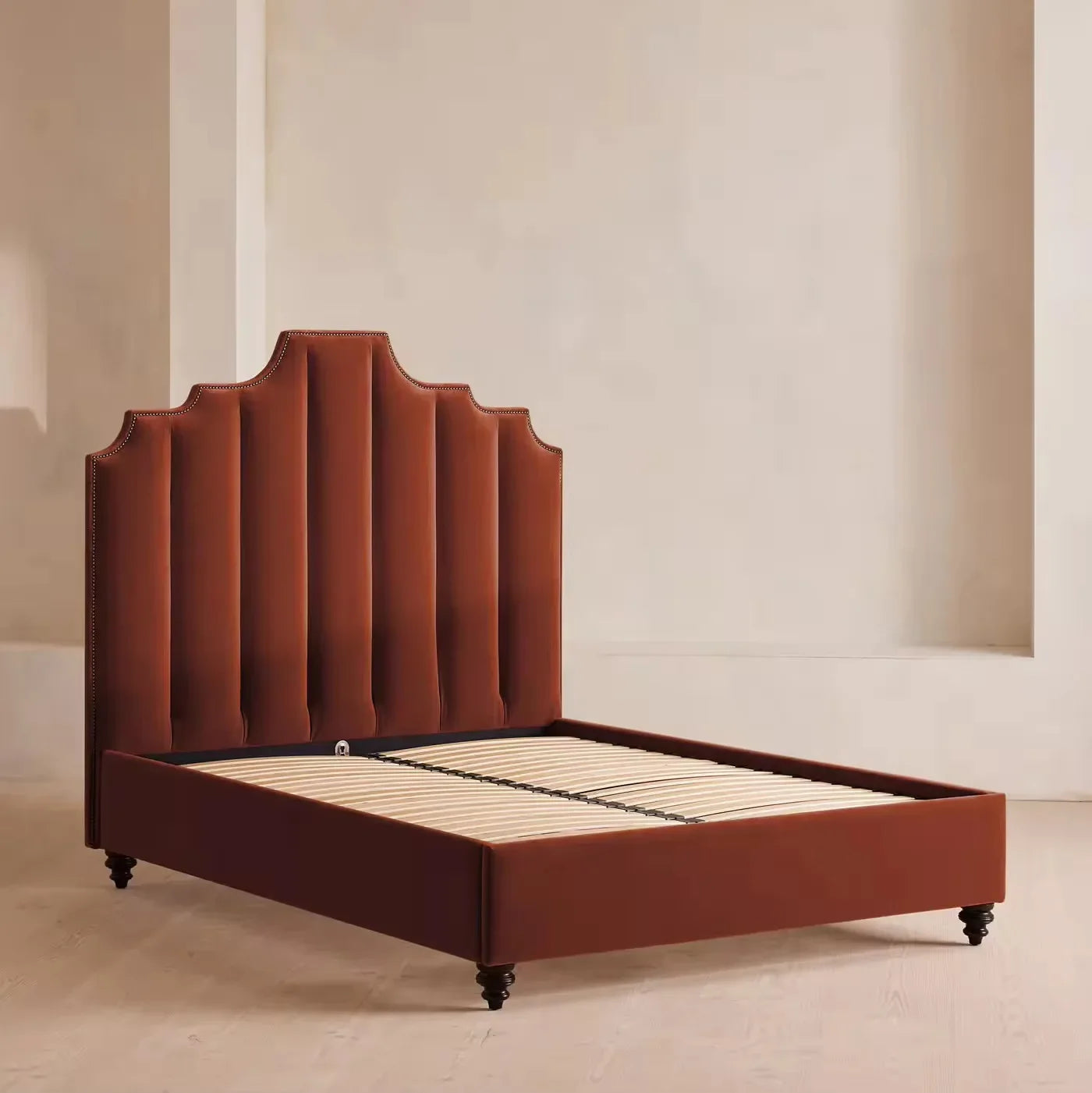 Upholstered Bed – High Back Velvet French Vintage Statement Piece