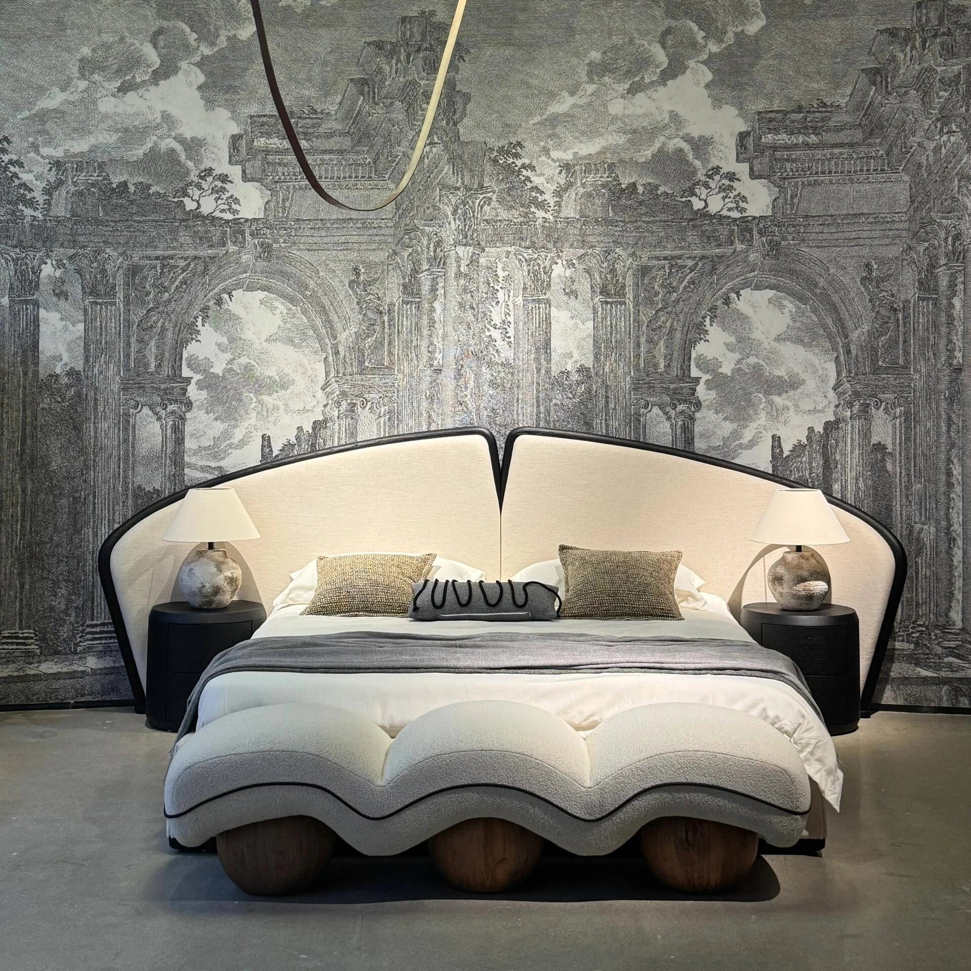 Italian Designer Upholstered Bed – Retro Cream Fabric Double Bed with Soft Headboard