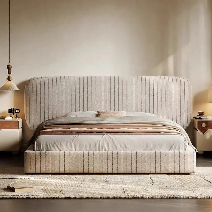 Upholstered Bed – Arc-Shaped Stripe Velvet Rice White – Minimalist Statement Piece