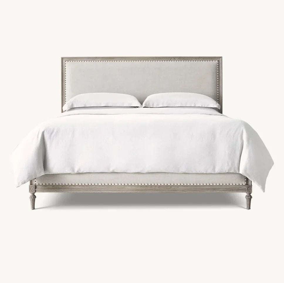 French Antique Fabric Panel Bed – Slipcovered Headboard in Oak