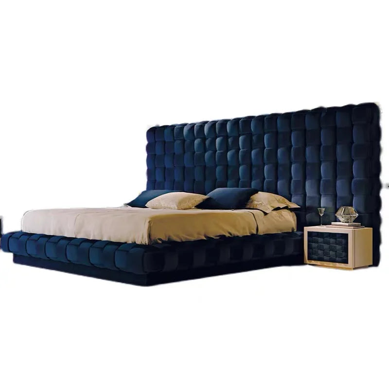 Upholstered Bed – Woven Soft Bag Headboard in Blue Velvet Italian