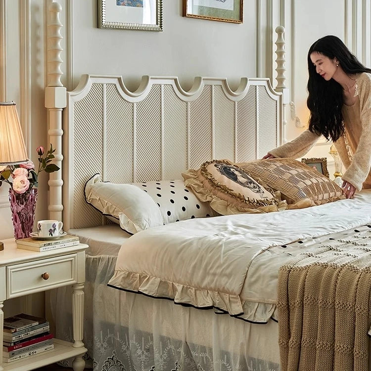 French Cream White Bed – Retro Design – Solid Birch Wood – Master Bedroom Statement Piece