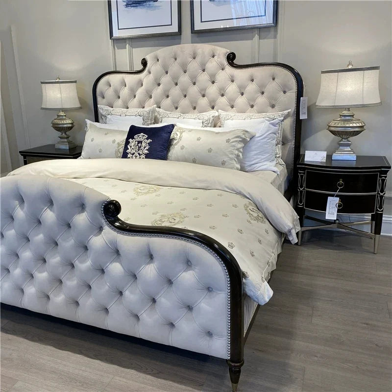 Platform Bed with Upholstered Headboard – Solid Birch Wood Light Luxury 26-164
