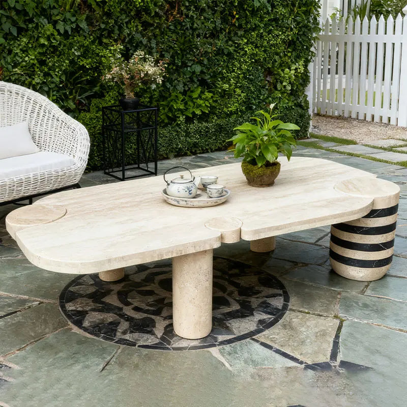 Modern Minimalist Travertine and Marble Coffee Table