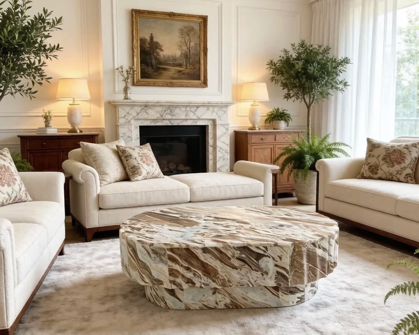 Luxury Fluted Oval Natural Marble Coffee Table Elegant Italian Style for Villa