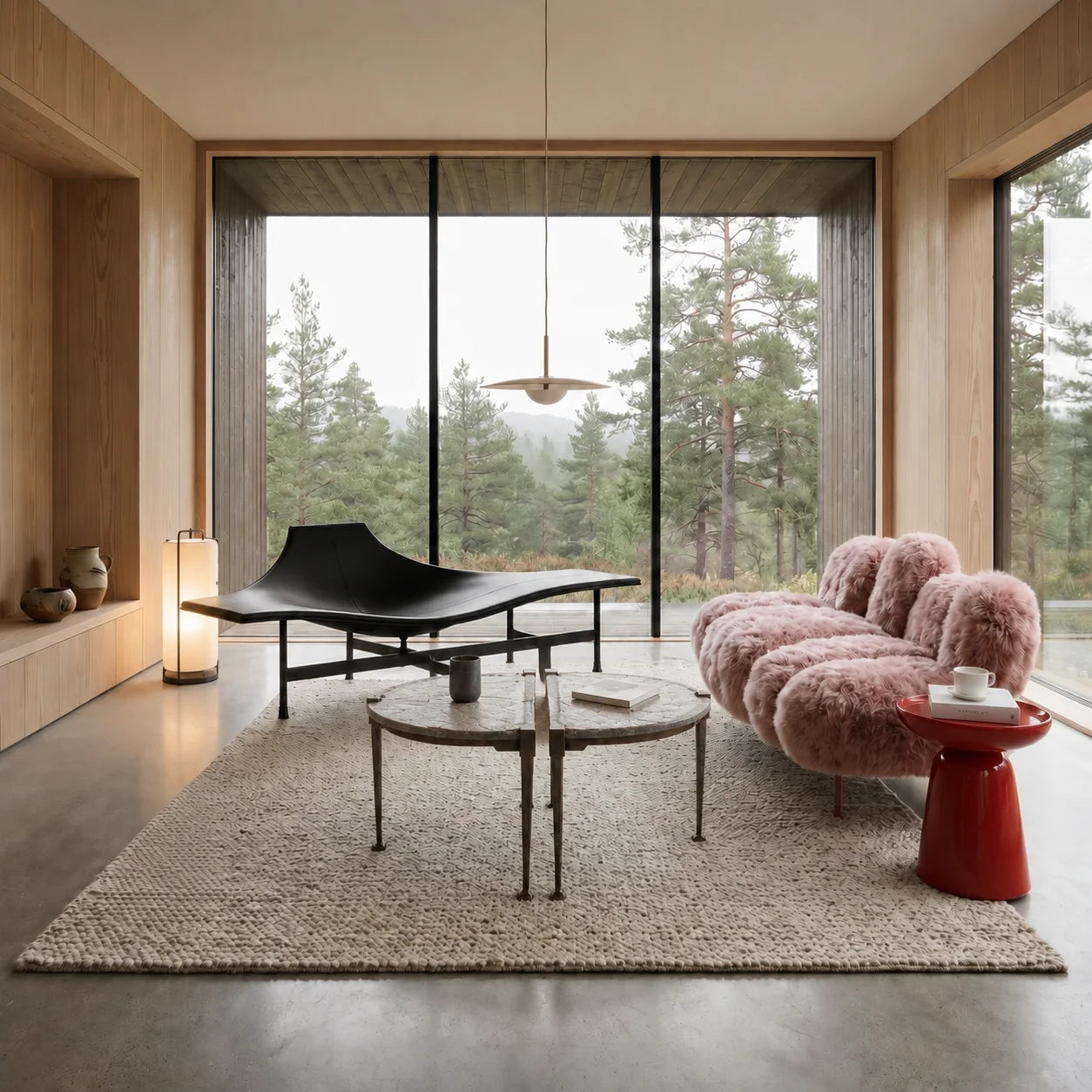 Modern Faux Fur Living Room Set in Pink