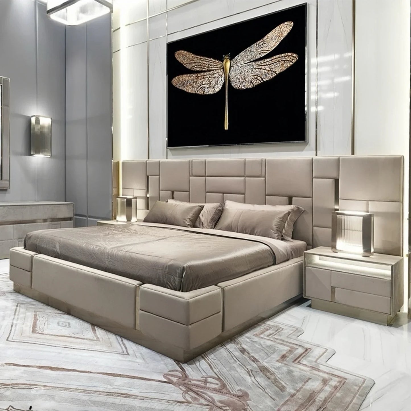 Modern European King Bed – Wide Headboard Pine Frame Statement Piece