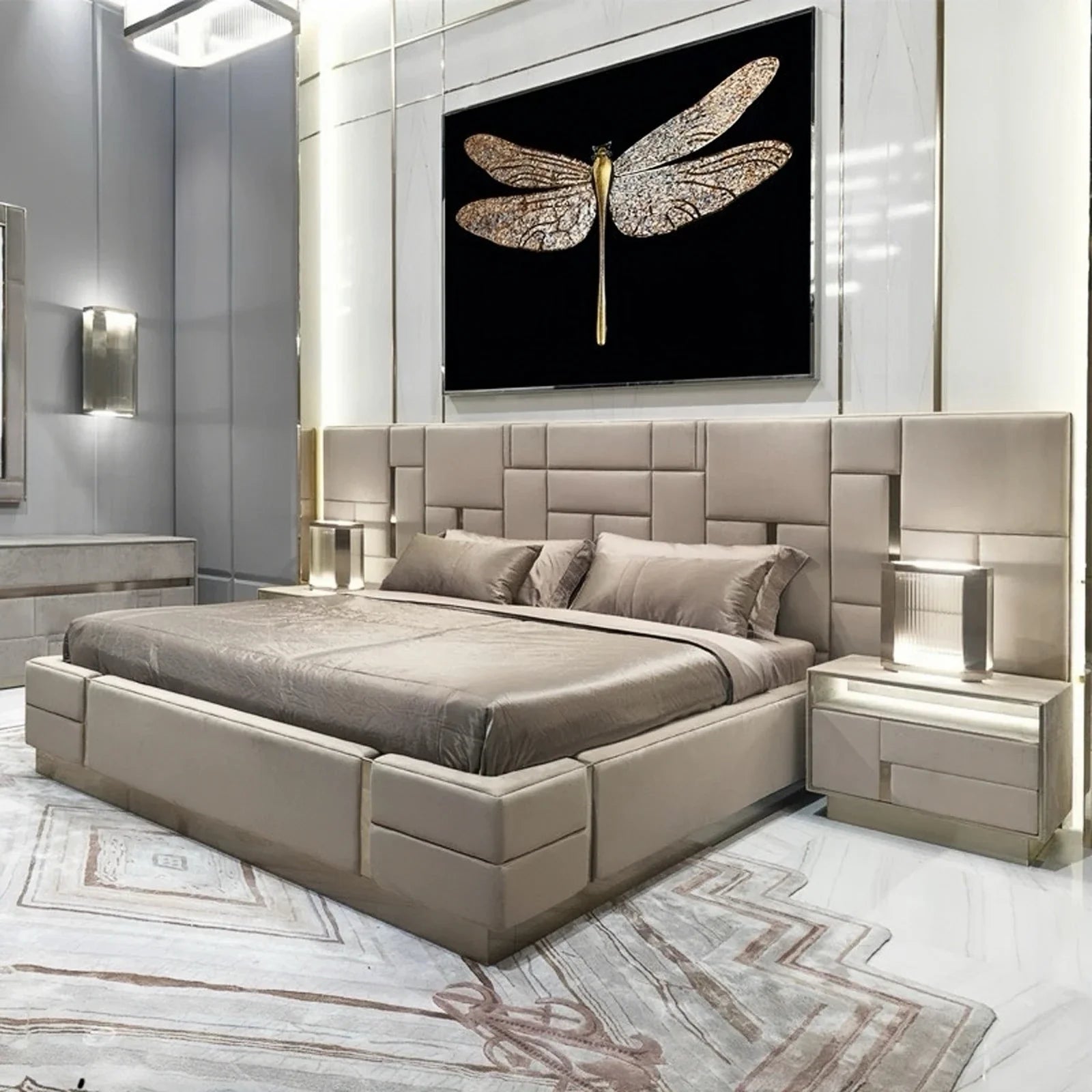 Modern European King Bed – Wide Headboard Pine Frame Statement Piece