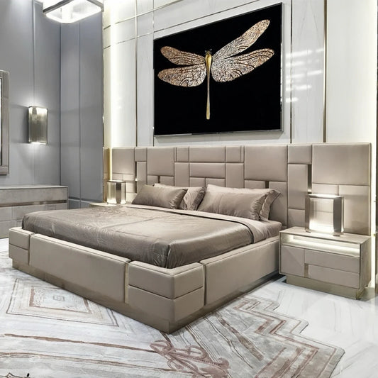 Modern European King Bed – Wide Headboard Pine Frame Statement Piece