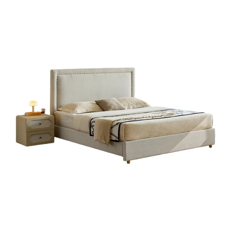 Upholstered Bed – High-Backrest Rice White Chenille Modern Statement Piece