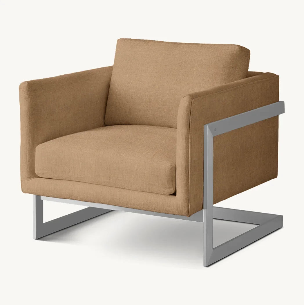 Modernist Lounge Chair – Grid-Tufted Cushion – Polished Steel – Milo