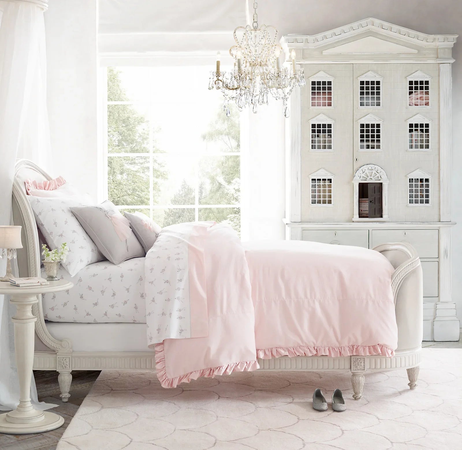 French Provincial Kids Upholstered Bed – Aged White Slipcovered Statement Piece