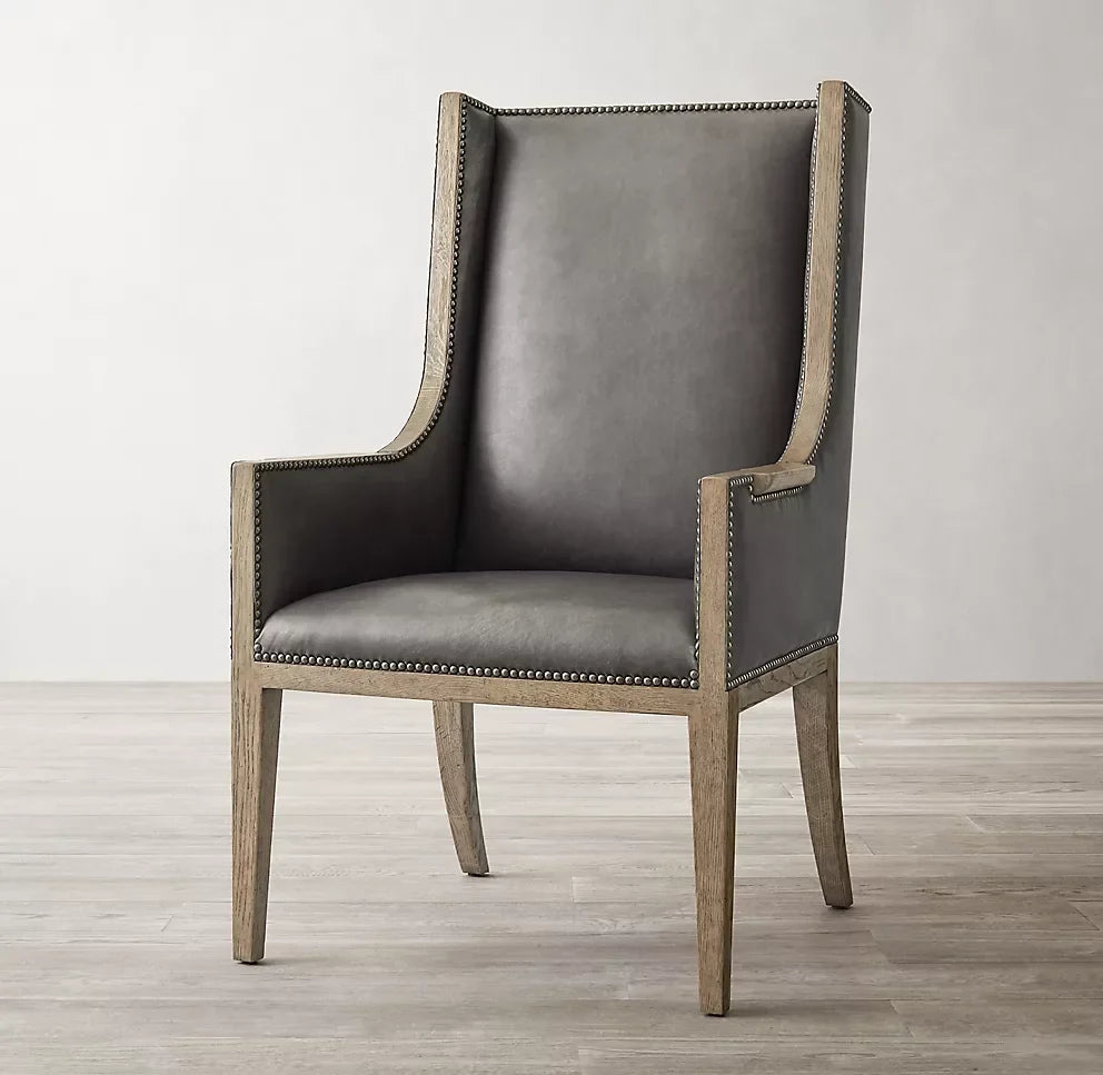 High Back Wing Dining Chair – Mid-century Modernist Solid Oak & Leather | 1600417100225