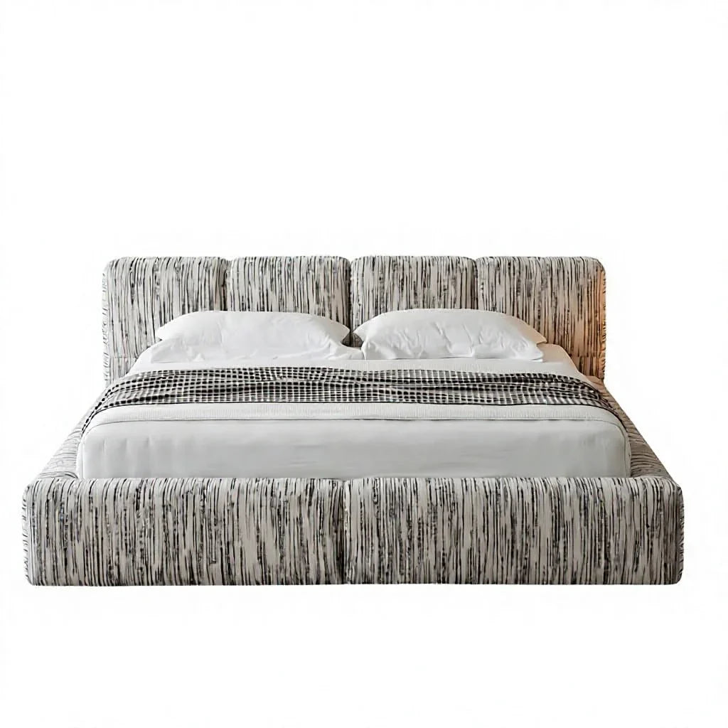 Striped Fabric Bed – Wood Frame European Contemporary Statement Piece