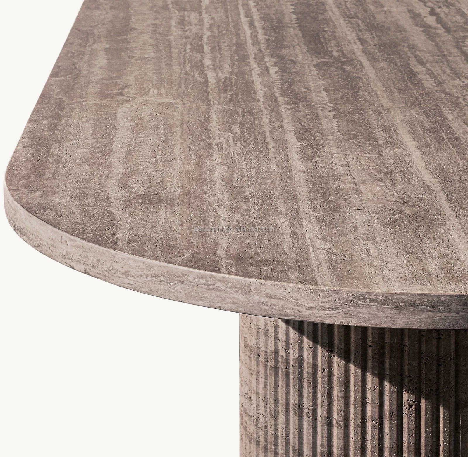 Dining Table – Sassanid Reeded Stone Base in Silver Travertine – Luxury Contemporary Piece