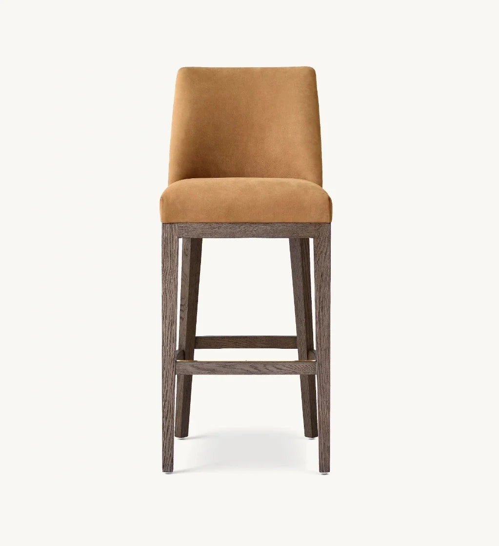 Morgan Curved-Back Leather Bar & Counter Stool – Mid-Century European Oak Statement Piece