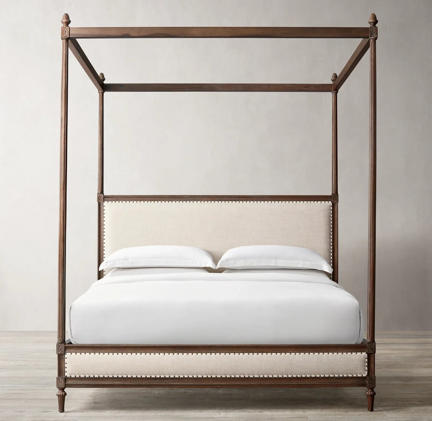 Mid-Century French Canopy Bed – Fabric Panel Oak Wood Maison Statement Piece