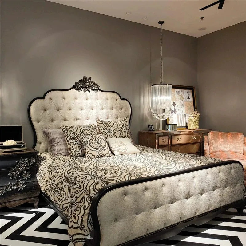 French Retro Solid Wood Double Bed – Antique Buckle Design