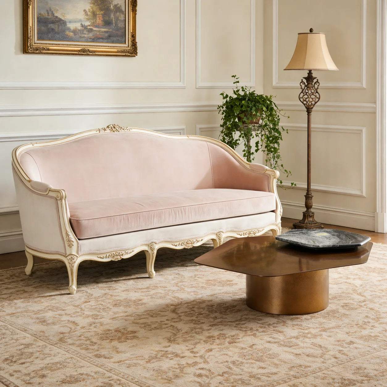 Luxury Stone Wood Top Brass-Toned Steel Coffee Table Modern Minimalist Elegant Space-Saving Italian Style for Villa