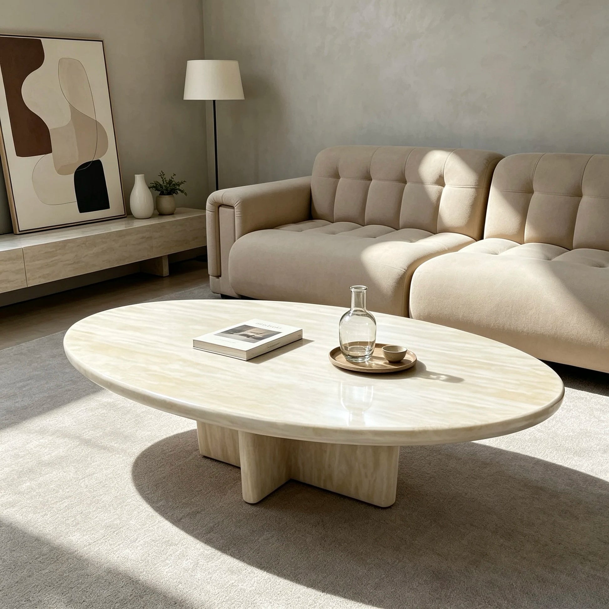 Luxury Oval Natural Travertine Coffee Table Modern Italian Style for Villa
