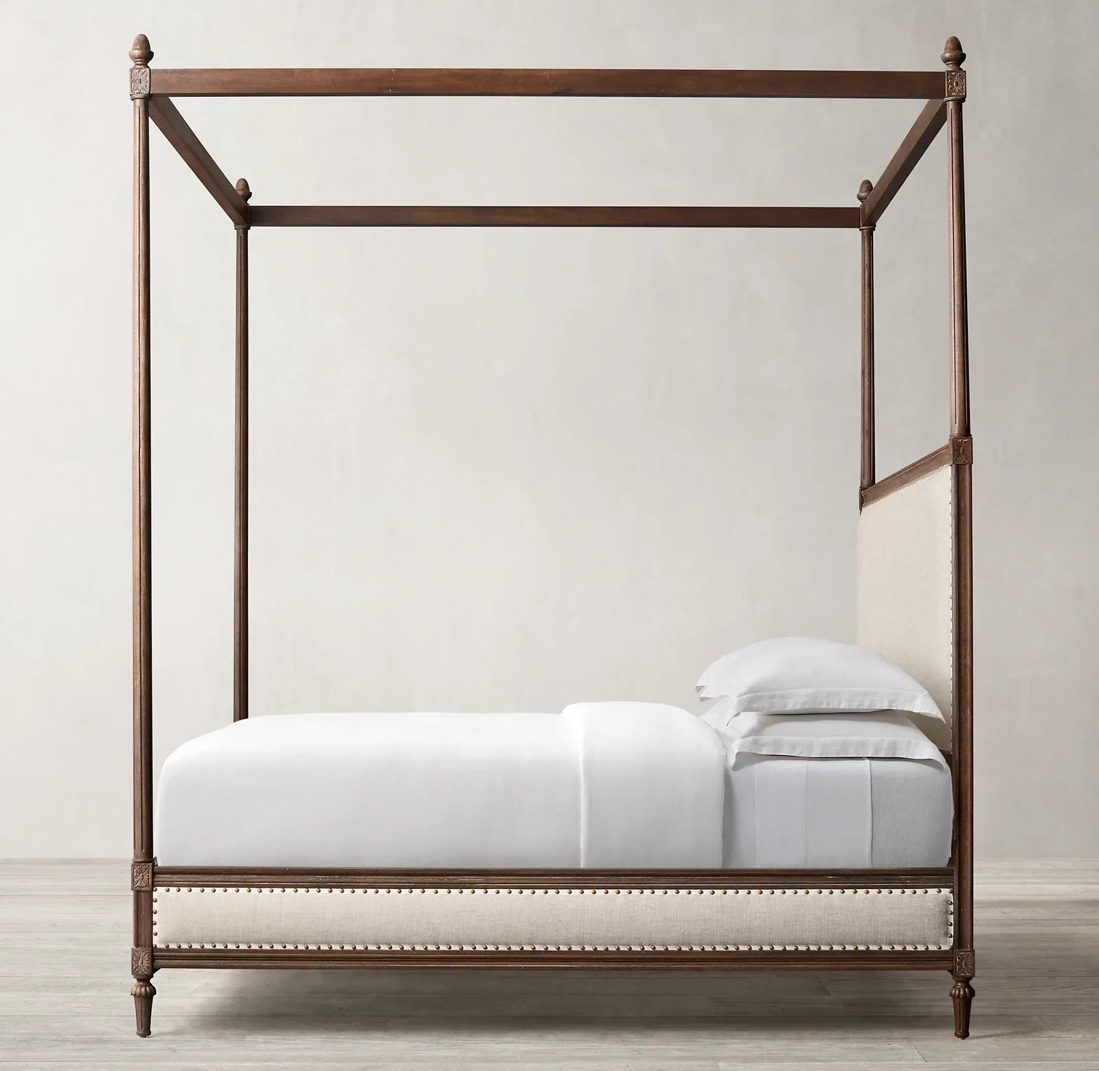 Mid-Century French Canopy Bed – Fabric Panel Oak Wood Maison Statement Piece