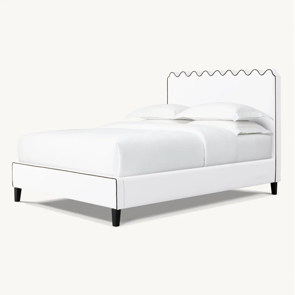Lucie Upholstered Panel Bed – Belgian Linen Contrast Piping Modern Statement Piece