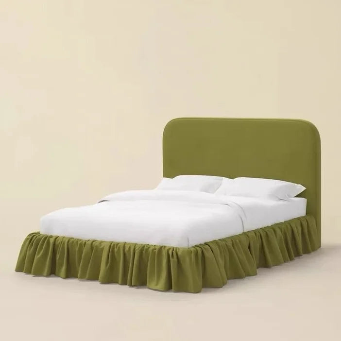 Velvet Upholstered Bed – Retro Hemmed Green Finish French Minimalist Statement Piece